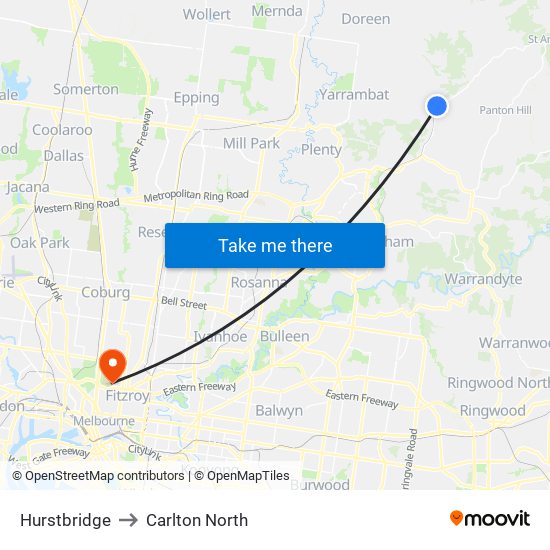 Hurstbridge to Carlton North map