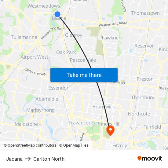 Jacana to Carlton North map