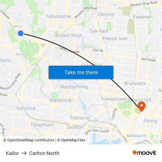 Keilor to Carlton North map