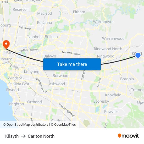 Kilsyth to Carlton North map