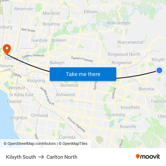 Kilsyth South to Carlton North map