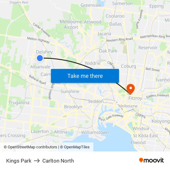 Kings Park to Carlton North map