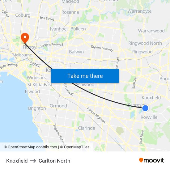 Knoxfield to Carlton North map