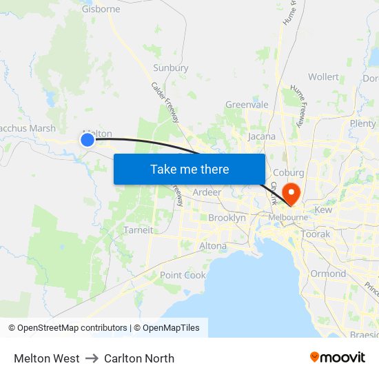 Melton West to Carlton North map