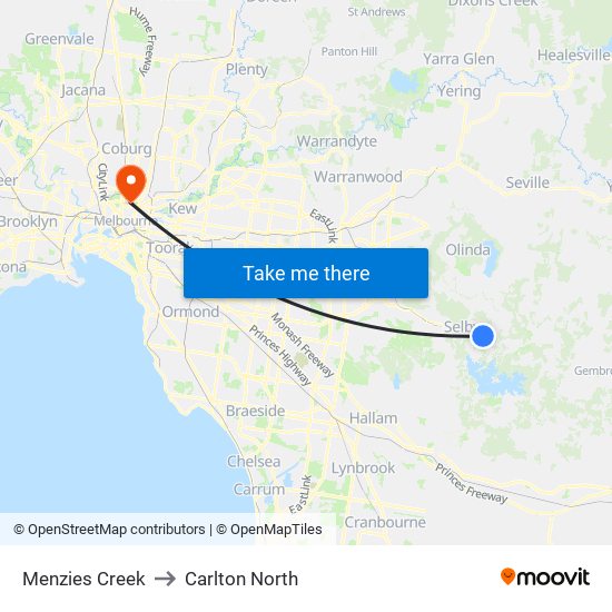 Menzies Creek to Carlton North map