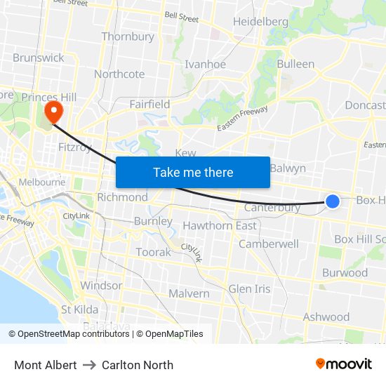 Mont Albert to Carlton North map