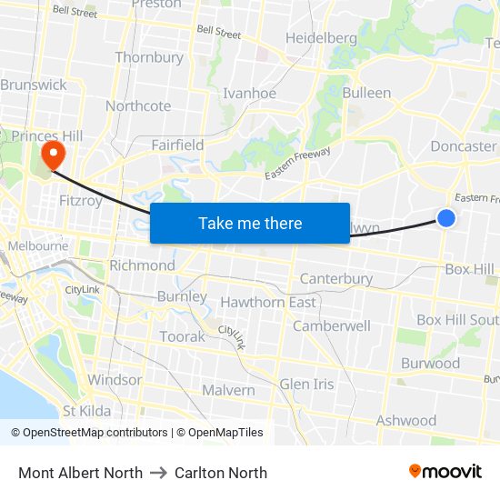 Mont Albert North to Carlton North map