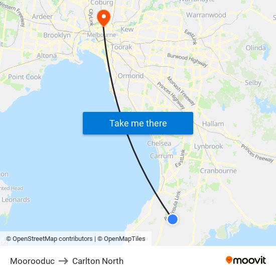 Moorooduc to Carlton North map