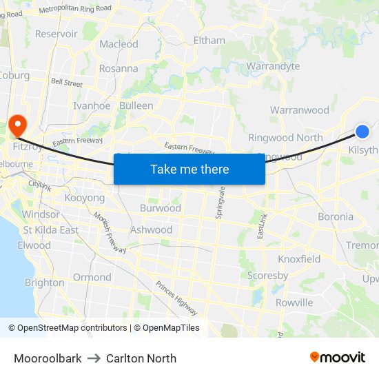 Mooroolbark to Carlton North map