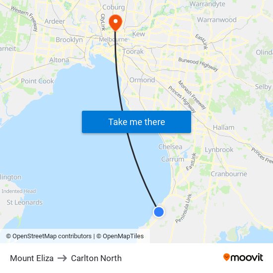 Mount Eliza to Carlton North map