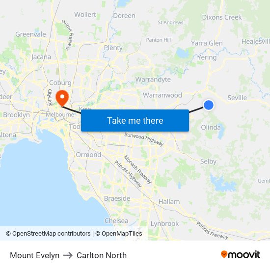 Mount Evelyn to Carlton North map