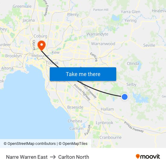 Narre Warren East to Carlton North map