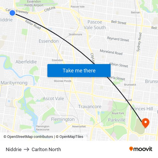 Niddrie to Carlton North map