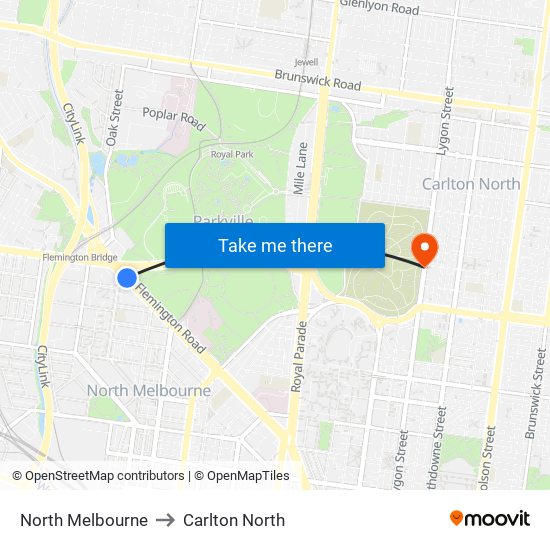 North Melbourne to Carlton North map