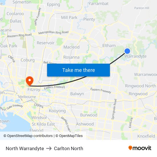 North Warrandyte to Carlton North map