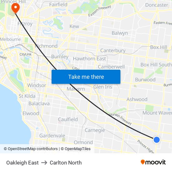 Oakleigh East to Carlton North map