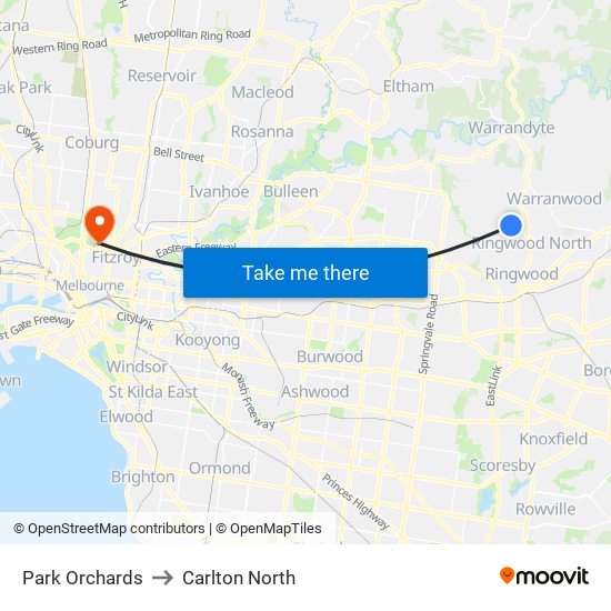 Park Orchards to Carlton North map