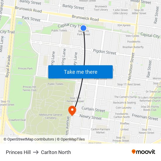 Princes Hill to Carlton North map