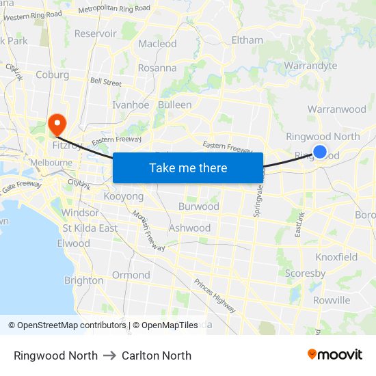 Ringwood North to Carlton North map