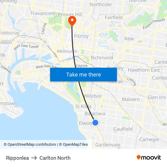 Ripponlea to Carlton North map