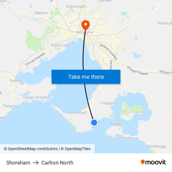 Shoreham to Carlton North map