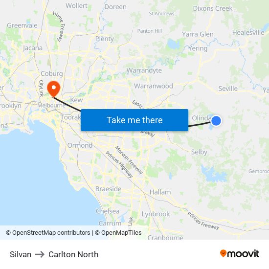 Silvan to Carlton North map