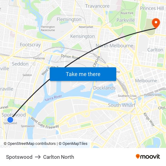 Spotswood to Carlton North map