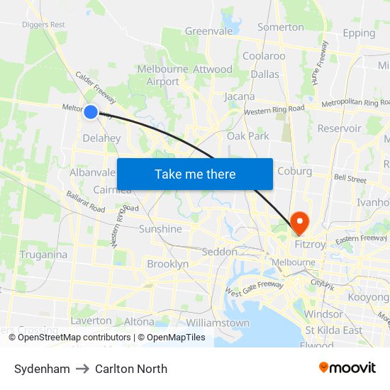 Sydenham to Carlton North map