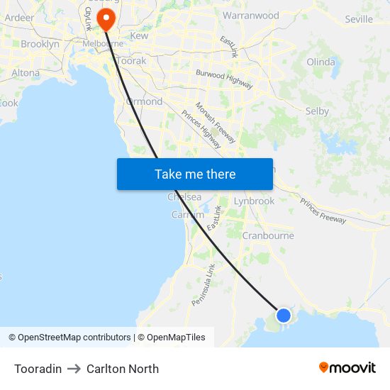 Tooradin to Carlton North map