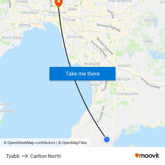 Tyabb to Carlton North map