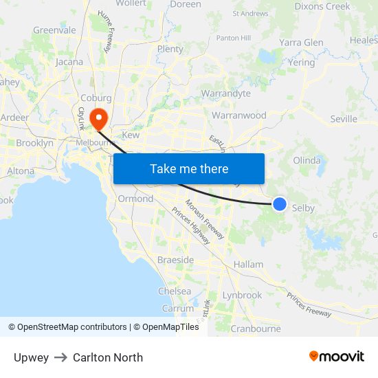 Upwey to Carlton North map