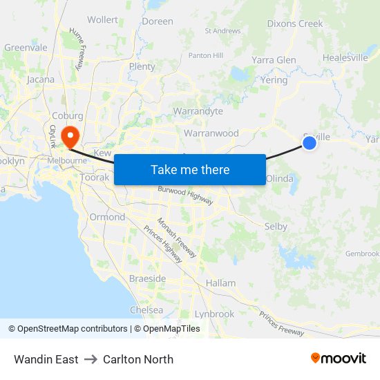 Wandin East to Carlton North map