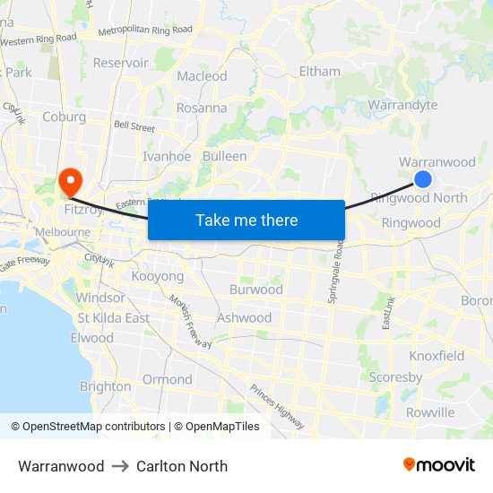 Warranwood to Carlton North map