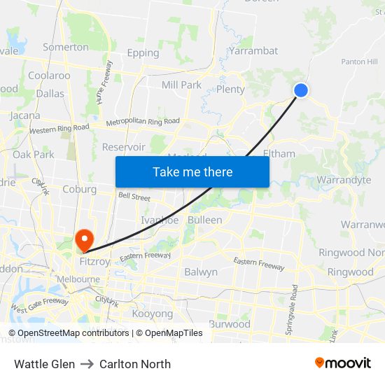 Wattle Glen to Carlton North map