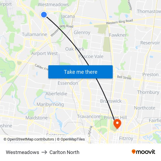 Westmeadows to Carlton North map