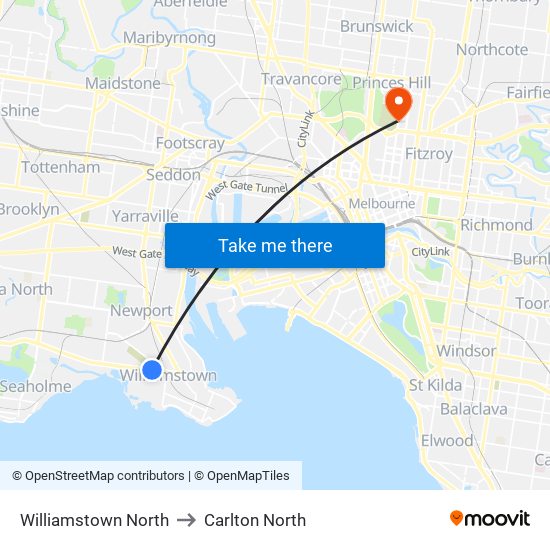 Williamstown North to Carlton North map