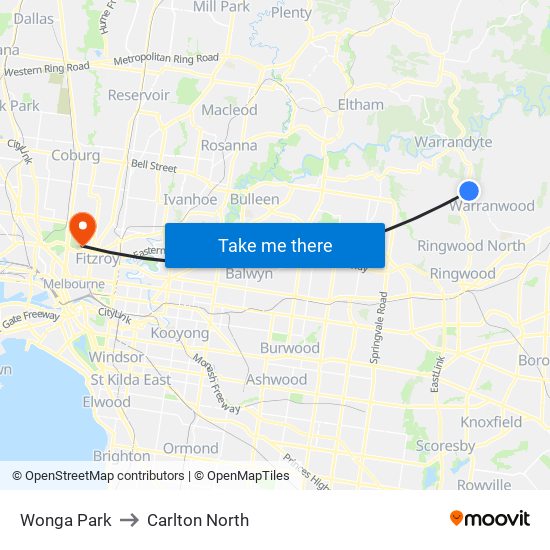 Wonga Park to Carlton North map