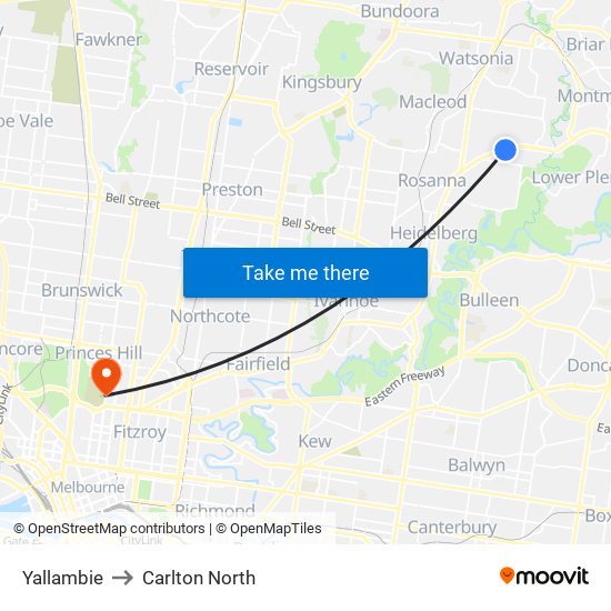 Yallambie to Carlton North map