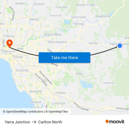 Yarra Junction to Carlton North map