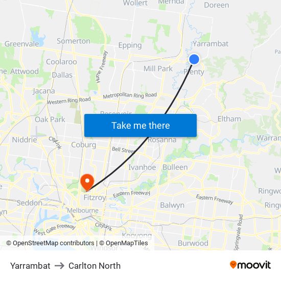 Yarrambat to Carlton North map