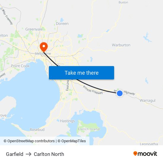 Garfield to Carlton North map