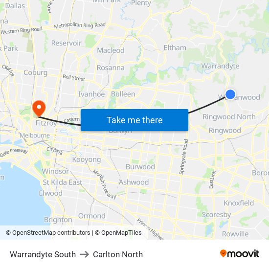 Warrandyte South to Carlton North map