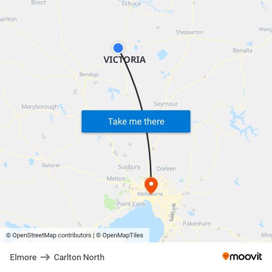 Elmore to Carlton North map