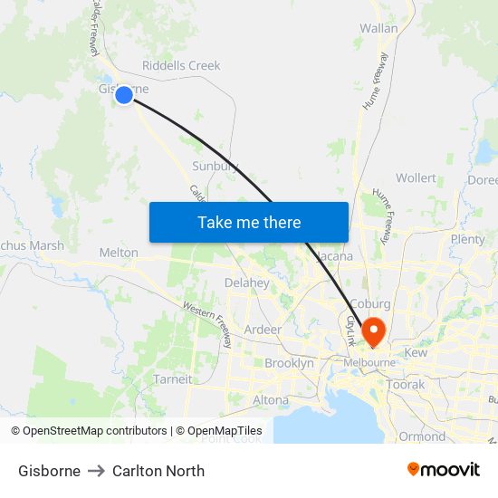 Gisborne to Carlton North map