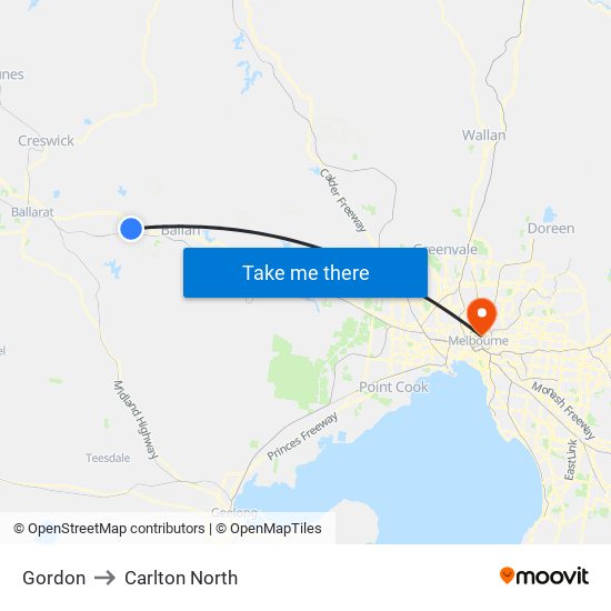 Gordon to Carlton North map