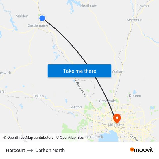 Harcourt to Carlton North map