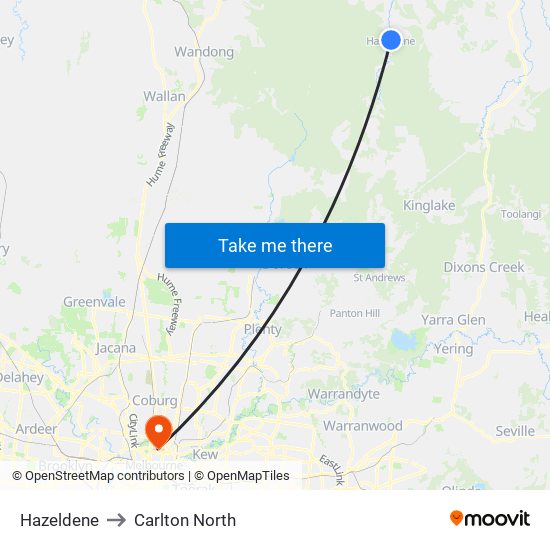 Hazeldene to Carlton North map