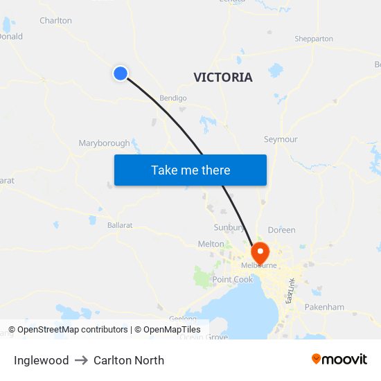 Inglewood to Carlton North map