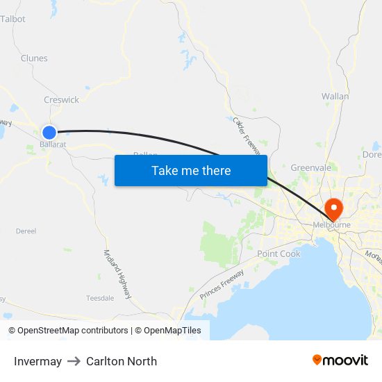 Invermay to Carlton North map
