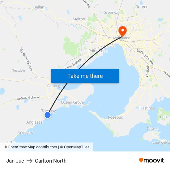 Jan Juc to Carlton North map